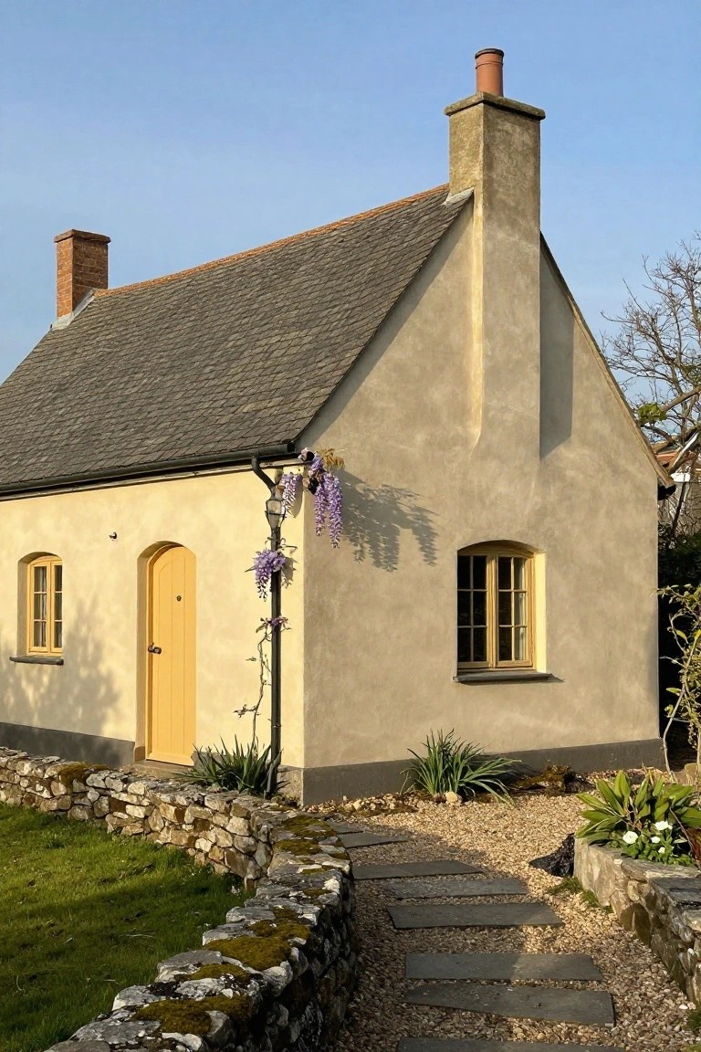 Beige stucco cottage with sloped slate roof, two brick chimneys, yellow arched wooden door, arched window, purple wisteria on black downspout, mossy stone wall, gravel path with stepping stones, and low garden plants.