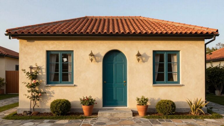 Cream stucco single-story cottage with red barrel-tile roof, arched turquoise front door, blue-framed windows, wall lanterns, climbing rose bush, potted plants, boxwood shrubs in low walls, and irregular stone pathway to entry.