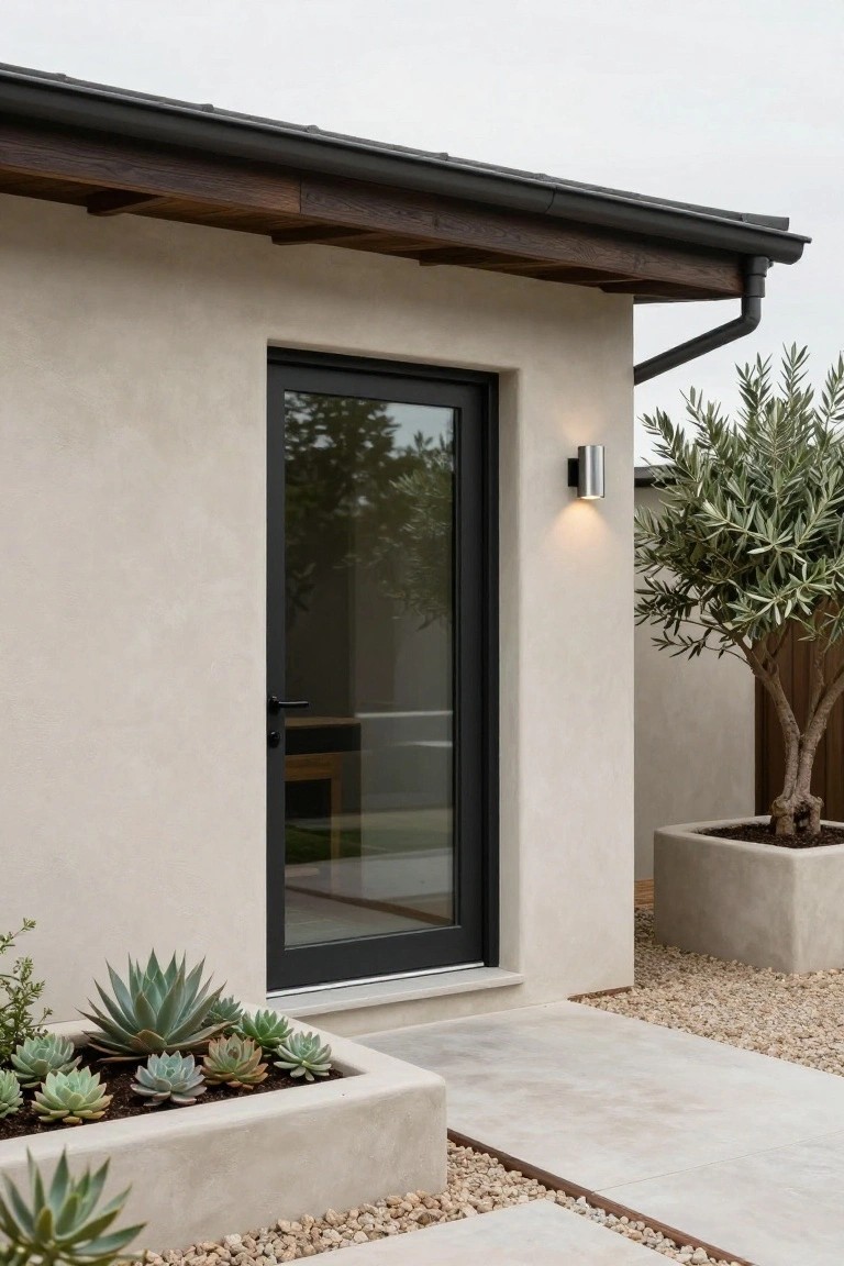 Beige stucco exterior wall with a tall black-framed glass door, cylindrical wall light mounted beside it, potted olive tree, raised succulent planter, and gravel pathway leading to the entry.