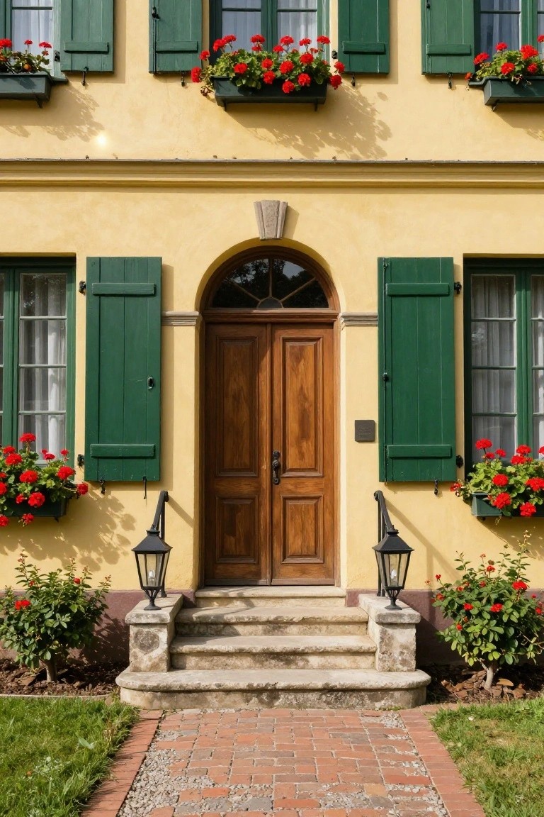 Yellow stucco house facade with green shutters on windows, wooden double front doors under an arched window, flower boxes with red geraniums, black lanterns flanking stone steps, and a brick pathway.