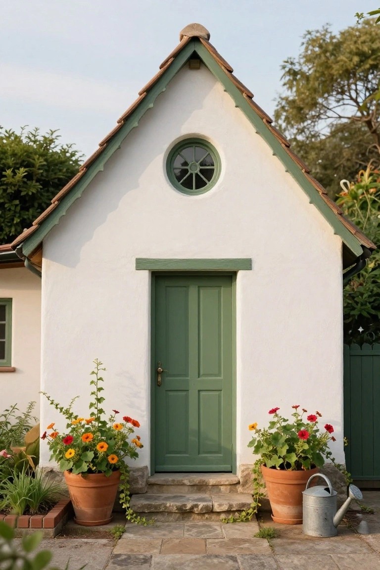 Small white stucco cottage with gabled roof, green trim, round window, and green front door flanked by two large terracotta pots of colorful flowers, a watering can on stone steps, greenery and fence nearby.