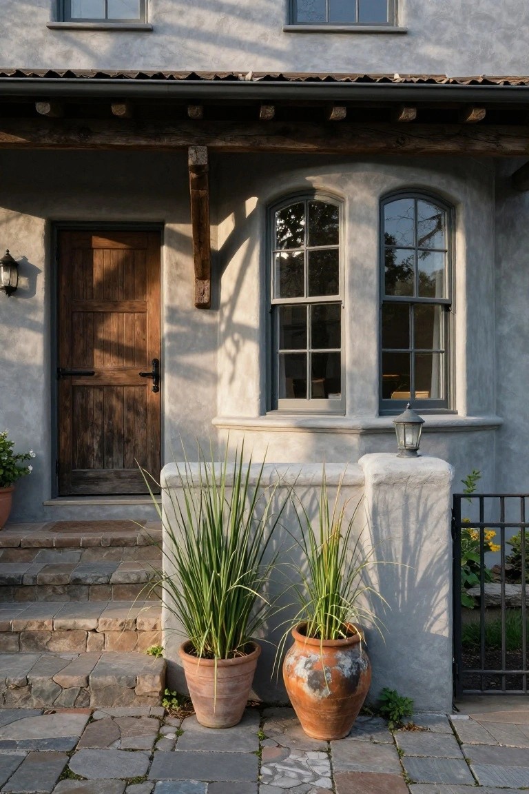 Beige stucco house exterior with wooden front door, arched windows, stone steps, two large terracotta pots with tall grasses, and a metal gate beside a low wall.