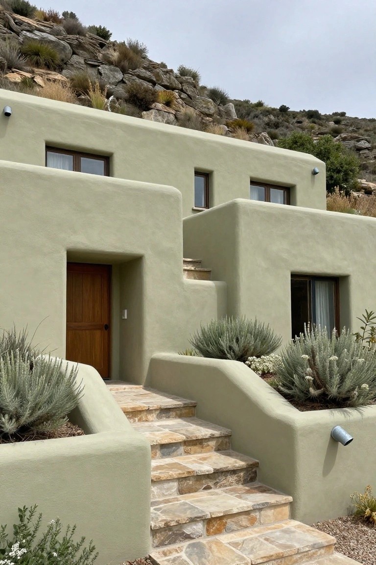 Sage-green stucco two-level house built into a rocky hillside with wooden doors and windows, stone steps to the entrance, and desert shrubs in adjacent planters.