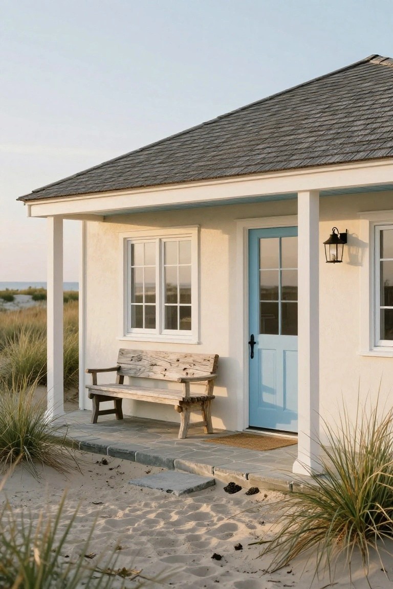 White stucco cottage with blue paneled front door, wooden bench on porch, lantern light, beach grass, sand, and ocean view in background.