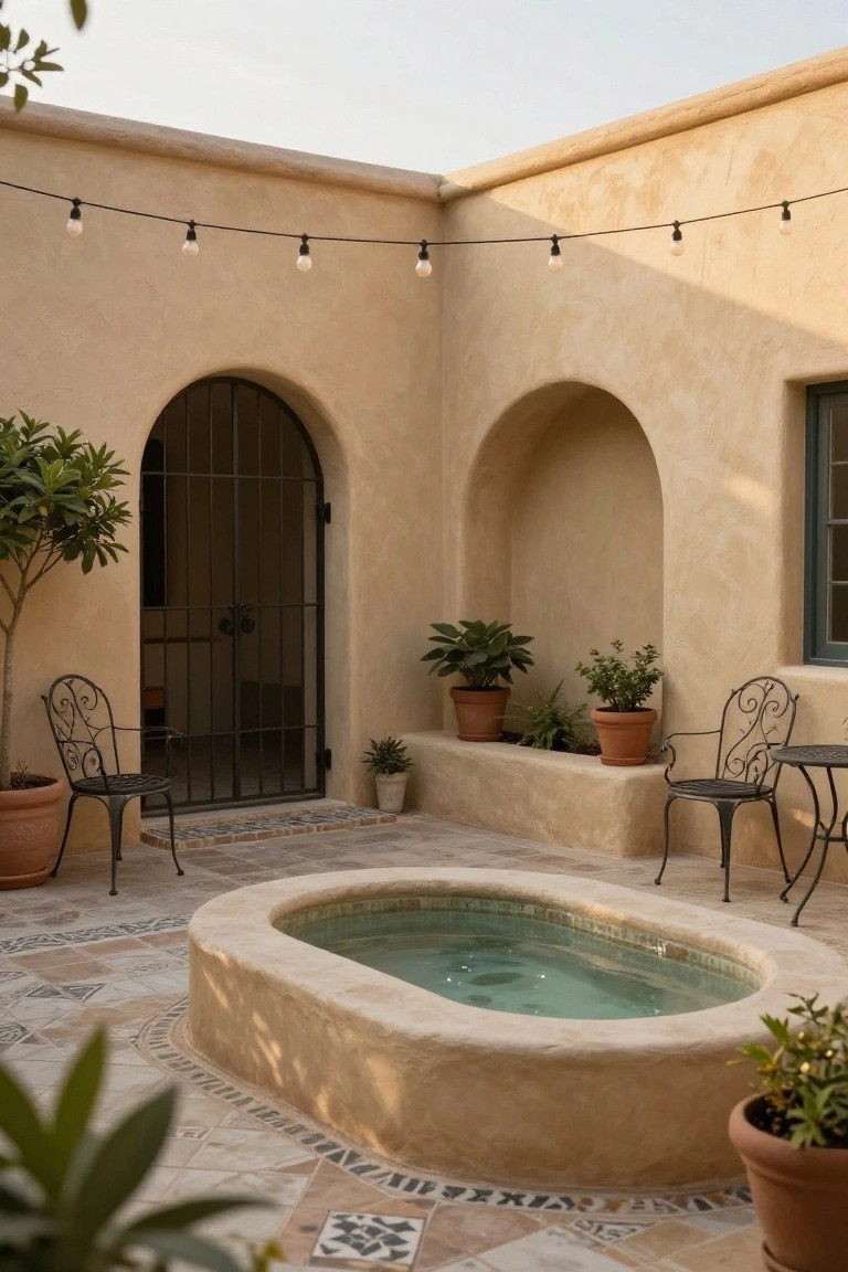 Beige stucco courtyard with oval in-ground plunge pool, potted plants, wrought iron chairs and table, string lights overhead, arched metal door, and tiled floor.