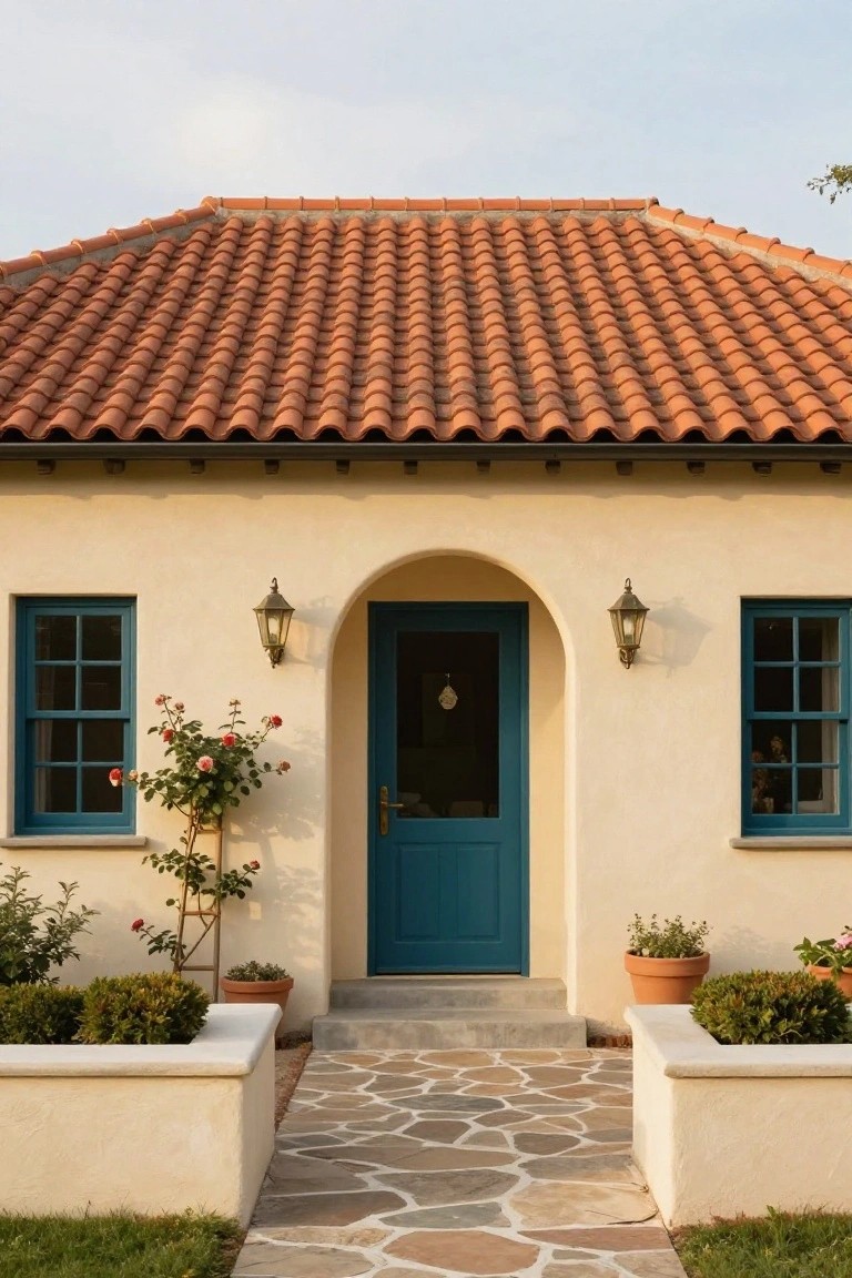 Cream stucco single-story cottage with red barrel-tile roof, arched turquoise front door, blue-framed windows, wall lanterns, climbing rose bush, potted plants, boxwood shrubs in low walls, and irregular stone pathway to entry.