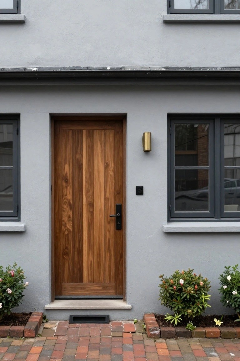 Gray stucco single-story house exterior featuring a tall walnut wood front door with black handle, flanked by dark-framed windows, gold wall light, small shrubs in beds, and brick paver pathway.