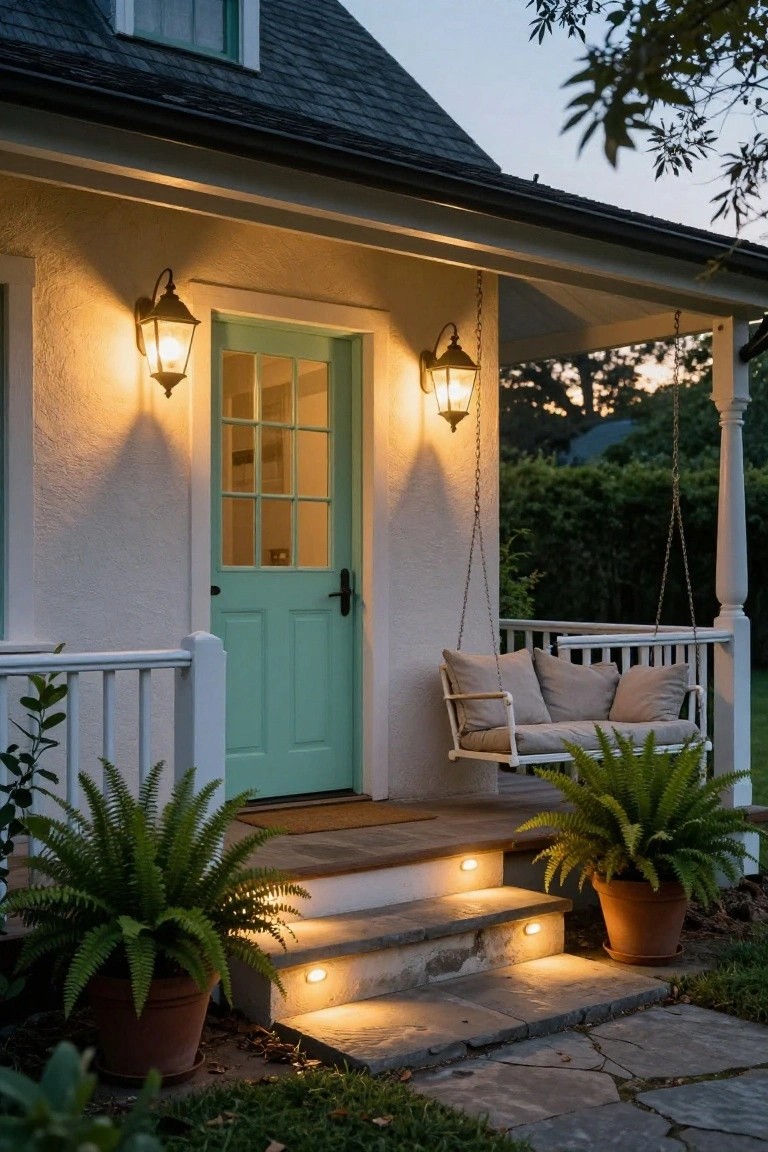 Beige stucco cottage exterior at dusk with teal paneled front door, hanging porch swing with cushions, wall lanterns, step lights, and potted ferns flanking concrete steps.