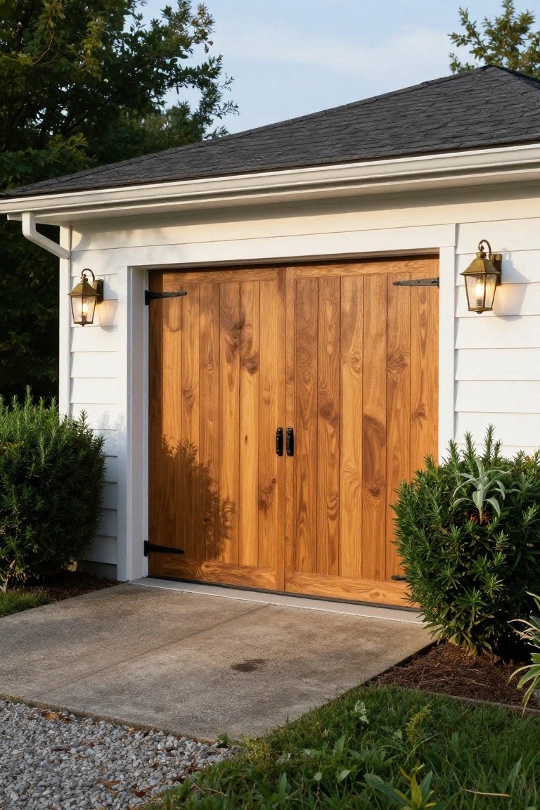 White clapboard detached garage with double wooden plank doors, black hardware, brass lanterns on either side, shrubs flanking the entrance, and a concrete apron.