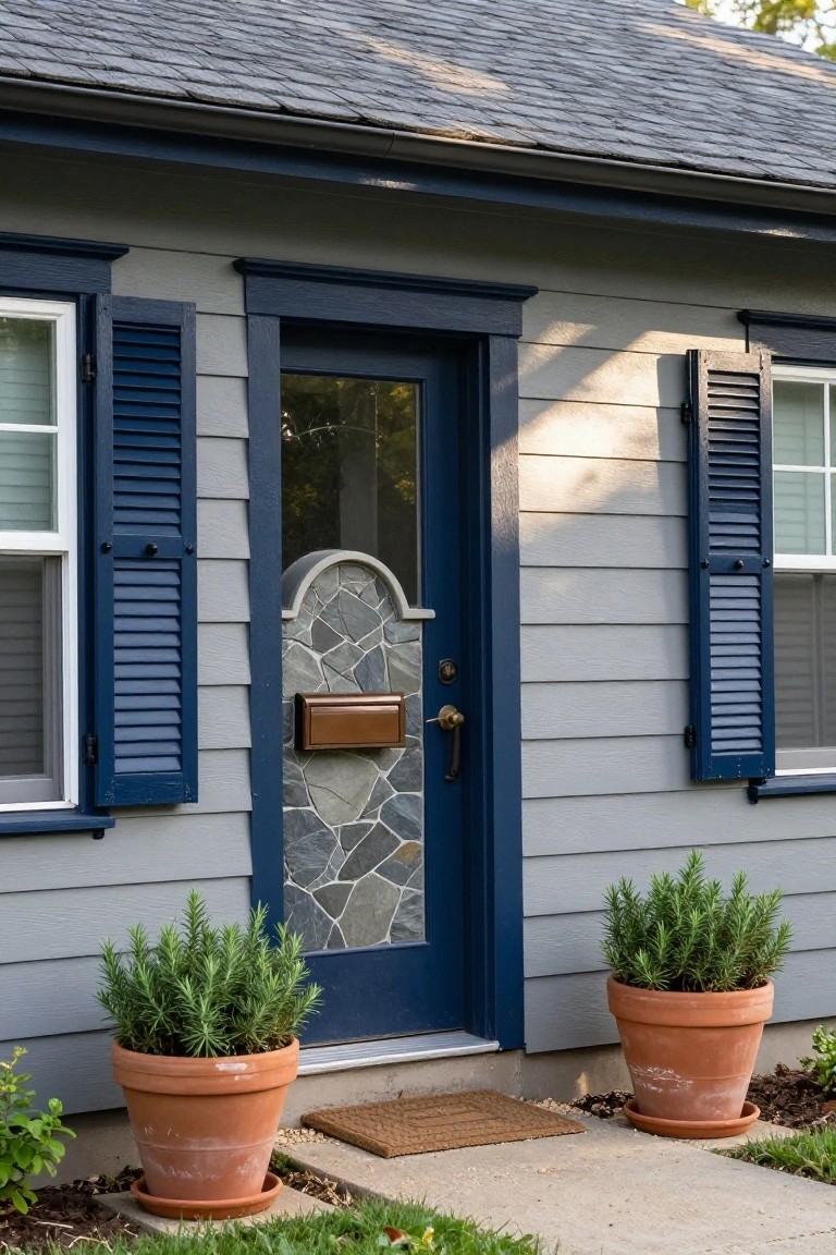 Gray clapboard house with navy blue front door framed by arched gray stone mosaic, brass mail slot and knob, flanked by two windows with navy shutters, and two terracotta pots of rosemary plants on the stoop.
