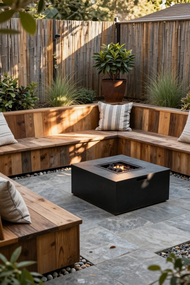 L-shaped wooden benches with cushions surrounding a square black fire pit on a stone-tiled patio, backed by bamboo fencing and potted plants.