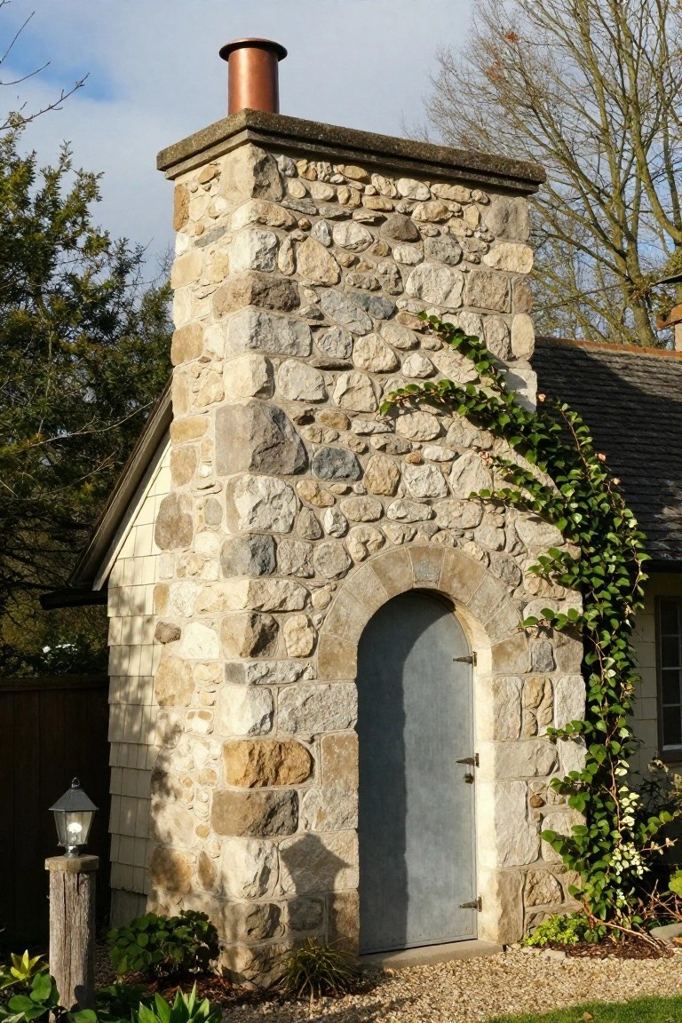 Stone chimney structure topped with a copper flue cap, featuring an arched gray metal door, ivy climbing one side, plants and gravel at the base, and a lantern post light nearby.