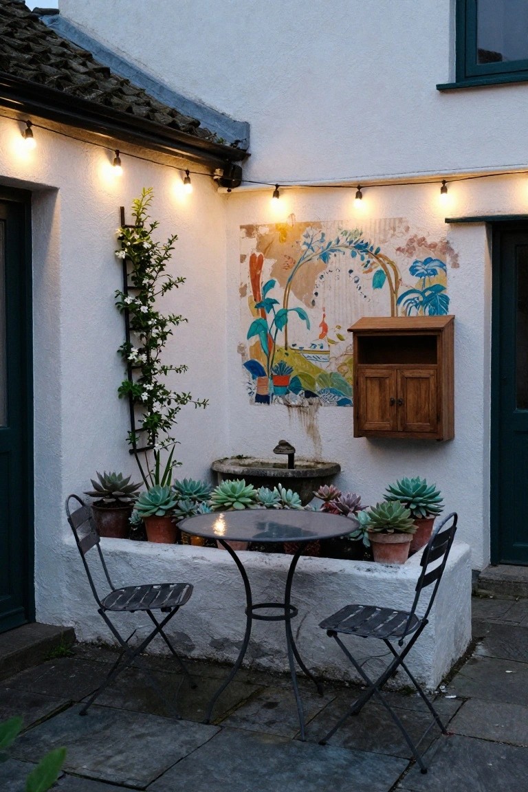 Small outdoor courtyard with white walls, bistro table and two folding chairs, potted succulents, stone fountain, wooden cabinet, colorful wall mural, and string lights along the eaves on slate paving.