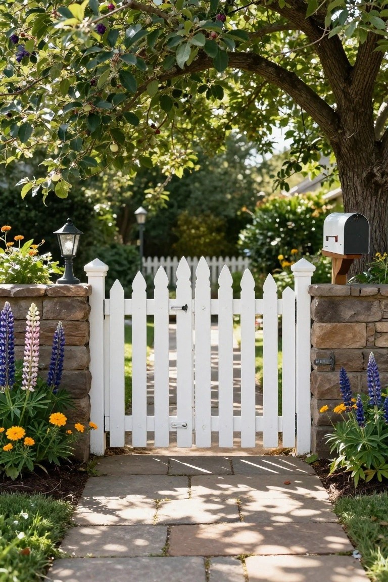 White picket fence gate set between stone pillars, flanked by purple lupines, orange marigolds, and other plants, with a stone path leading through under tree branches.
