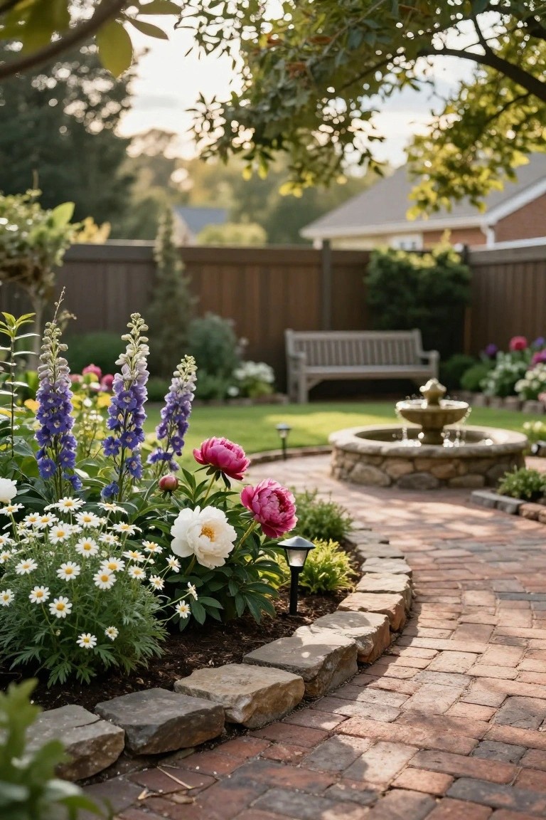 Curved brick pathway edged with stacked stone walls and bordered by flower beds containing blue delphiniums, pink and white peonies, and white daisies, near a stone fountain and wooden bench in a backyard garden.