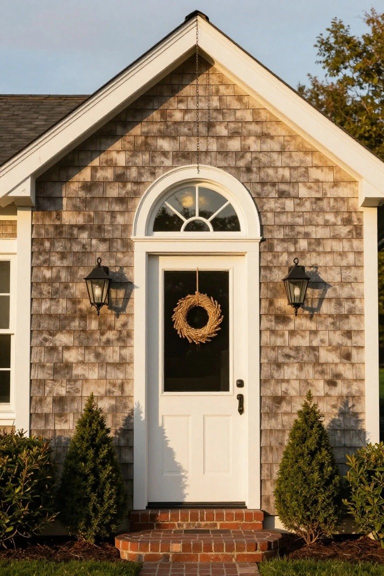 Close-up view of a shingle-sided cottage exterior featuring a white double door with glass panels, flanked by black lanterns, a wheat wreath on the door, an arched window above, brick entry steps, and small evergreen shrubs on either side.