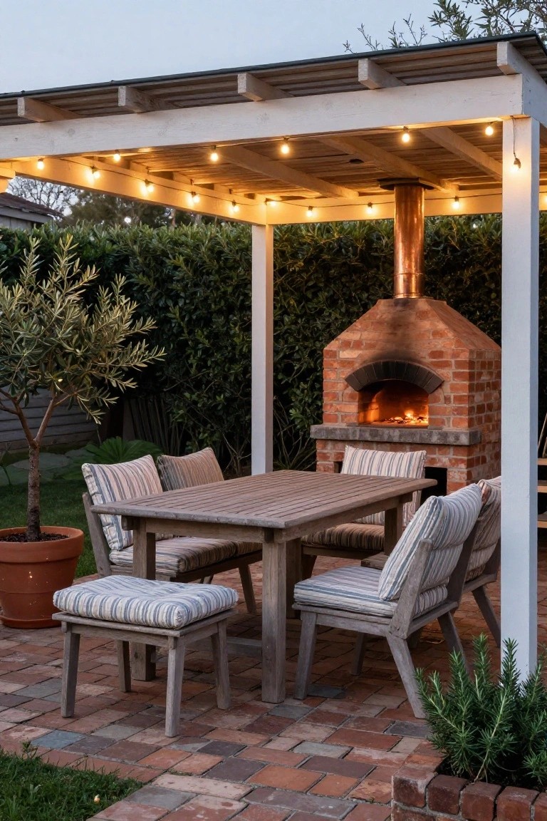 Outdoor covered patio featuring a lit brick pizza oven, wooden dining table with striped cushioned chairs, string lights overhead, potted plants, and greenery on brick paver flooring.