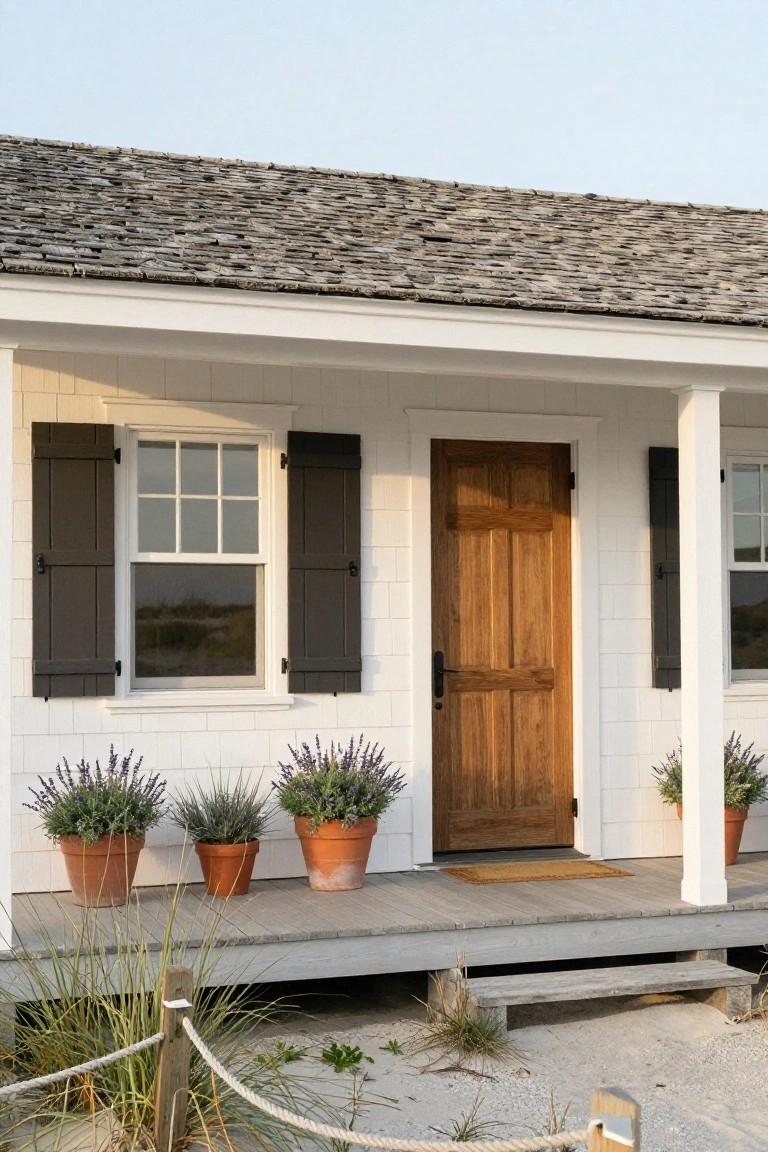 White board-and-batten cottage exterior with gray shingle roof, brown paneled wood front door, black shutters on side windows, multiple terracotta pots of lavender plants lining the front porch steps, gray wood deck, and sandy beach dunes in foreground.