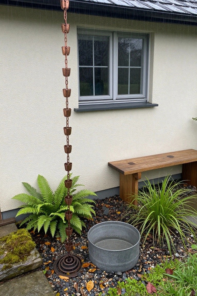 Copper chain rain chain downspout against a white stucco house wall with a double window, wooden bench nearby, ferns and grasses in gravel bed, and galvanized bucket at the base.