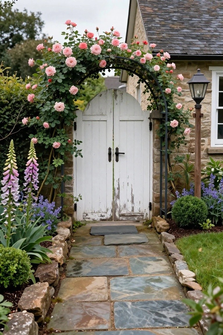 White wooden double gate under a black metal arch covered in pink climbing roses, with foxglove flowers and stone path leading to a stone house wall.
