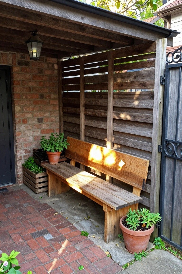 Wooden bench on brick patio under slatted pergola with hanging lantern, potted plants including herbs, brick wall, and metal gate nearby.
