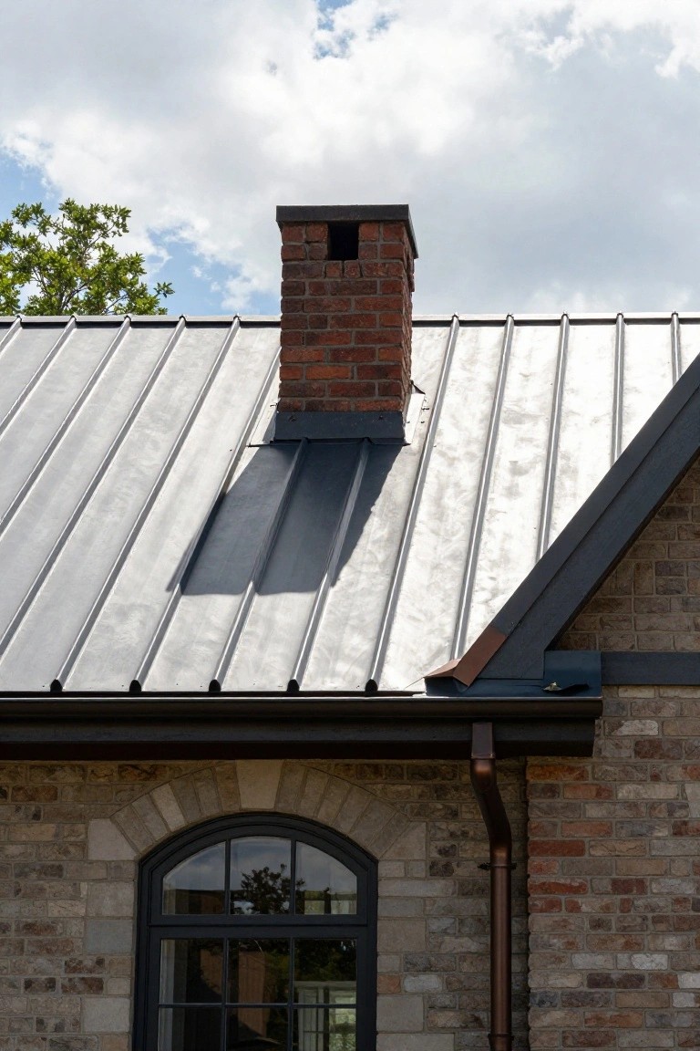 Close-up of house exterior showing gray standing seam metal roof, brick chimney, brick walls, black-framed arched window, and copper downspout under partly cloudy sky.