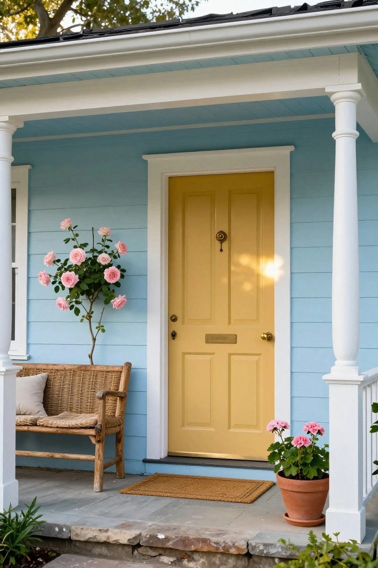 Light blue clapboard house with white trim and porch columns, yellow paneled front door with brass hardware, pink rose bush against the wall, wicker bench with cushions, potted pink geraniums, and woven door mat on stone steps.