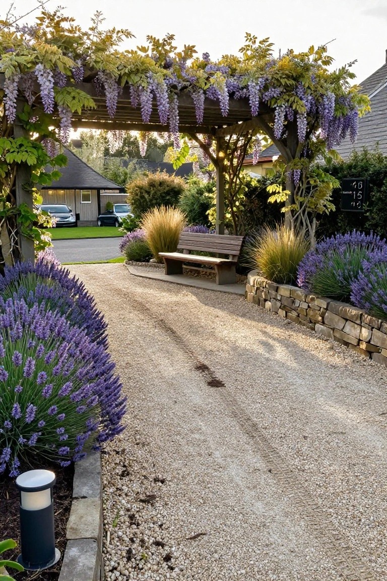 Gravel path lined with purple lavender bushes leading under a wooden pergola covered in blooming wisteria, with a wooden bench, ornamental grasses, and stone walls beside it.