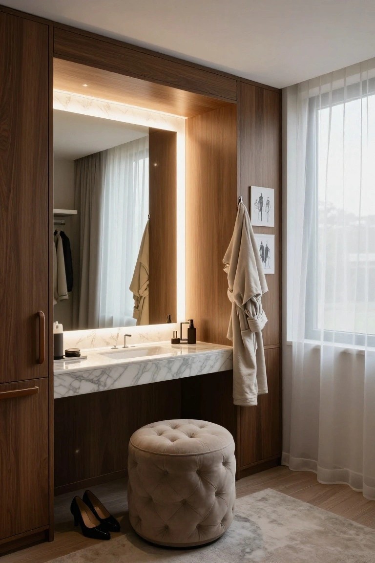 Modern bathroom vanity with tall wooden cabinets, backlit mirror in recess with recessed ceiling lights, white marble countertop and sink, hanging beige robe, small artwork, tufted pouf stool, black high-heel shoes, and sheer-curtained window.