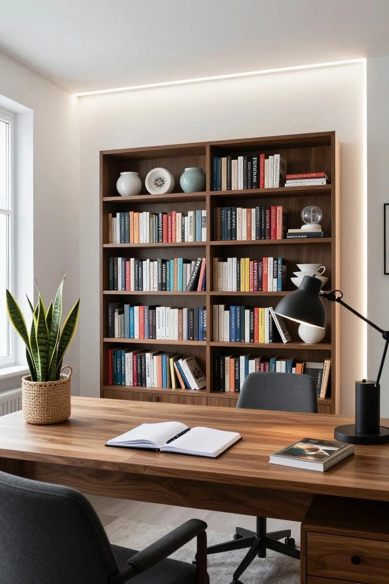 Home office with tall walnut bookshelves filled with books and ceramics, wooden desk holding open notebook and book, gray swivel chair, potted snake plant, black desk lamp, and LED strip lighting along the white ceiling edge.