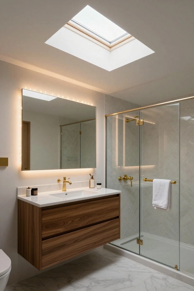 Modern bathroom interior with a ceiling skylight, large rectangular mirror with LED edge lighting, floating wooden vanity and sink with gold faucet, glass shower enclosure with gold hardware, white toilet, and marble-patterned tile floor.