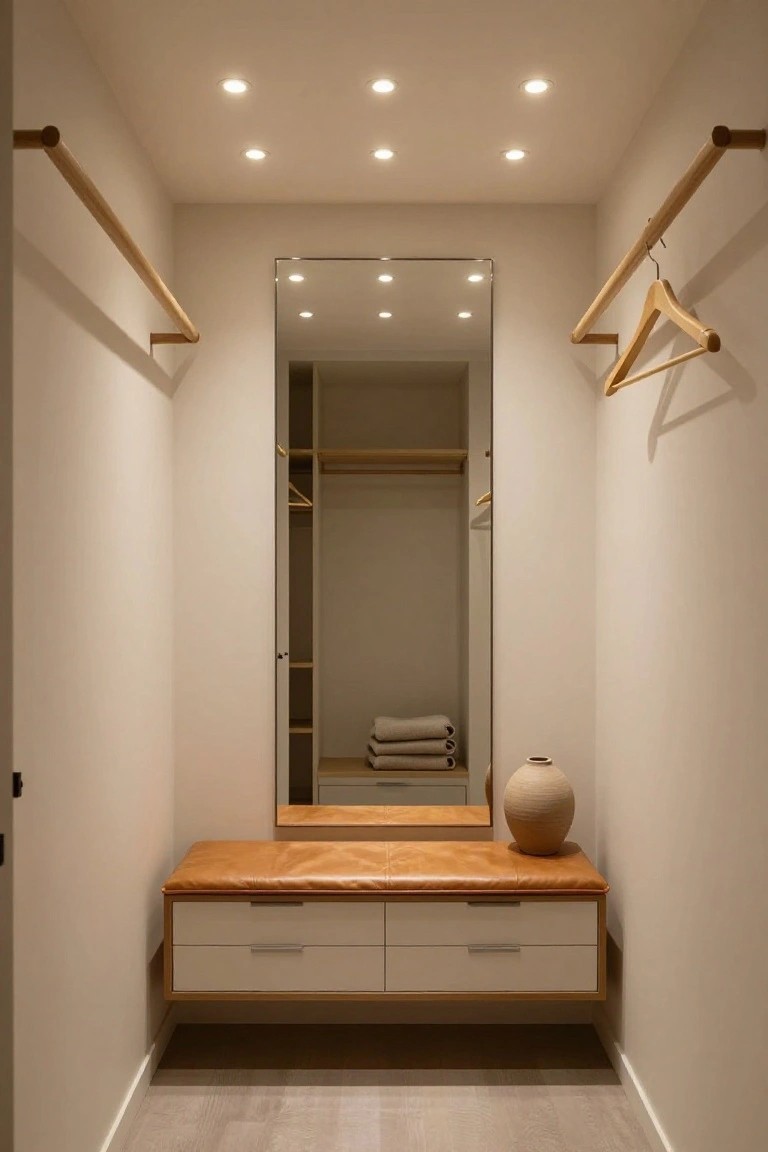 Walk-in closet interior with wooden hanging rails on both sides, full-length mirror, open wardrobe cabinet, cushioned bench with drawers, ceramic vase, stacked towels on shelf, and four recessed ceiling lights.