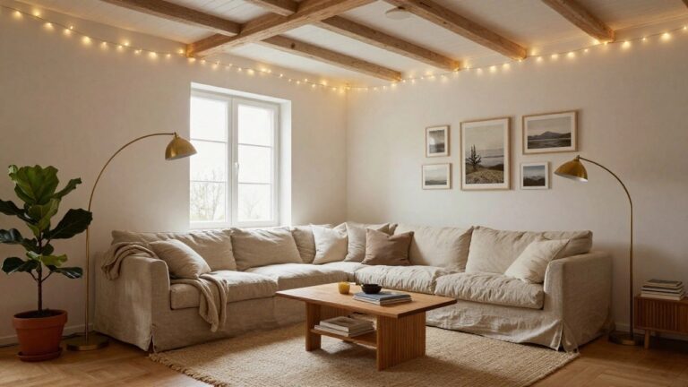 A minimalist living room featuring a beige linen sofa, wooden coffee table with a bowl, potted fiddle leaf fig plant, bookshelves, framed art, arc lamp, and string lights draped along white ceiling beams and walls next to large windows.