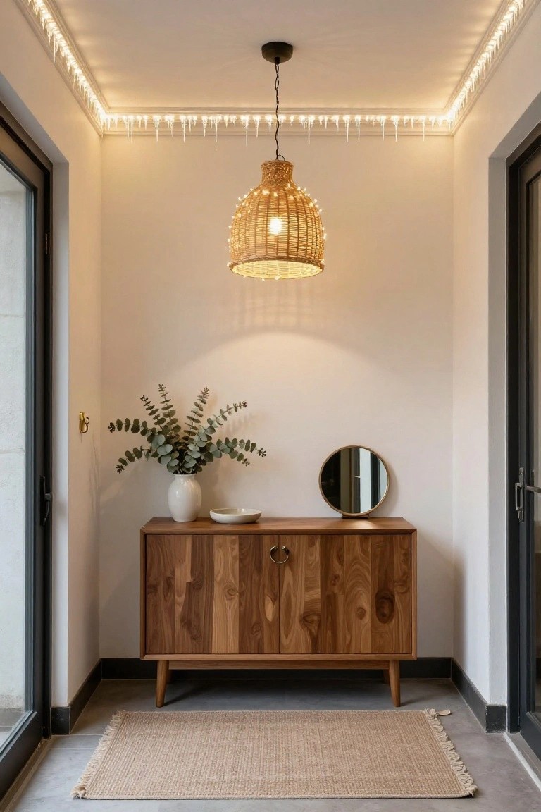 Narrow indoor entryway with white walls and black-framed glass doors on both sides, wooden console table topped with white vase of eucalyptus branches, small white dish, and round wooden mirror, rattan pendant light overhead, beige seagrass rug on concrete floor, and warm white icicle LED string lights lining the ceiling perimeter.