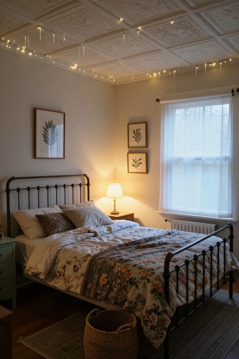 Bedroom with black metal bed frame covered in floral quilt and pillows, green dresser, wicker basket on wood floor, sheer curtained window, botanical prints on walls, bedside lamp, and strings of icicle fairy lights hanging from ornate white ceiling.