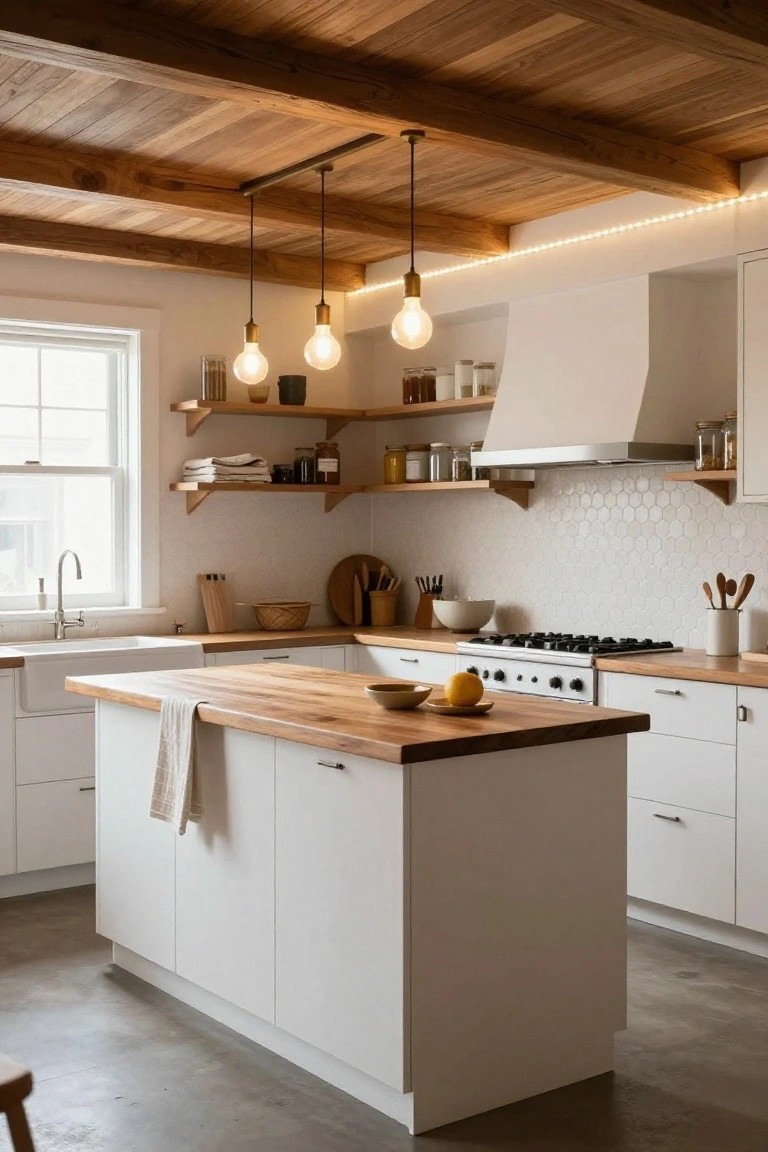 Kitchen interior featuring exposed wooden beam ceiling with hanging brass pendant lights and thin LED strip lights glowing along beam edges, white cabinets, wooden island, stainless steel range, and hexagonal white tile backsplash.