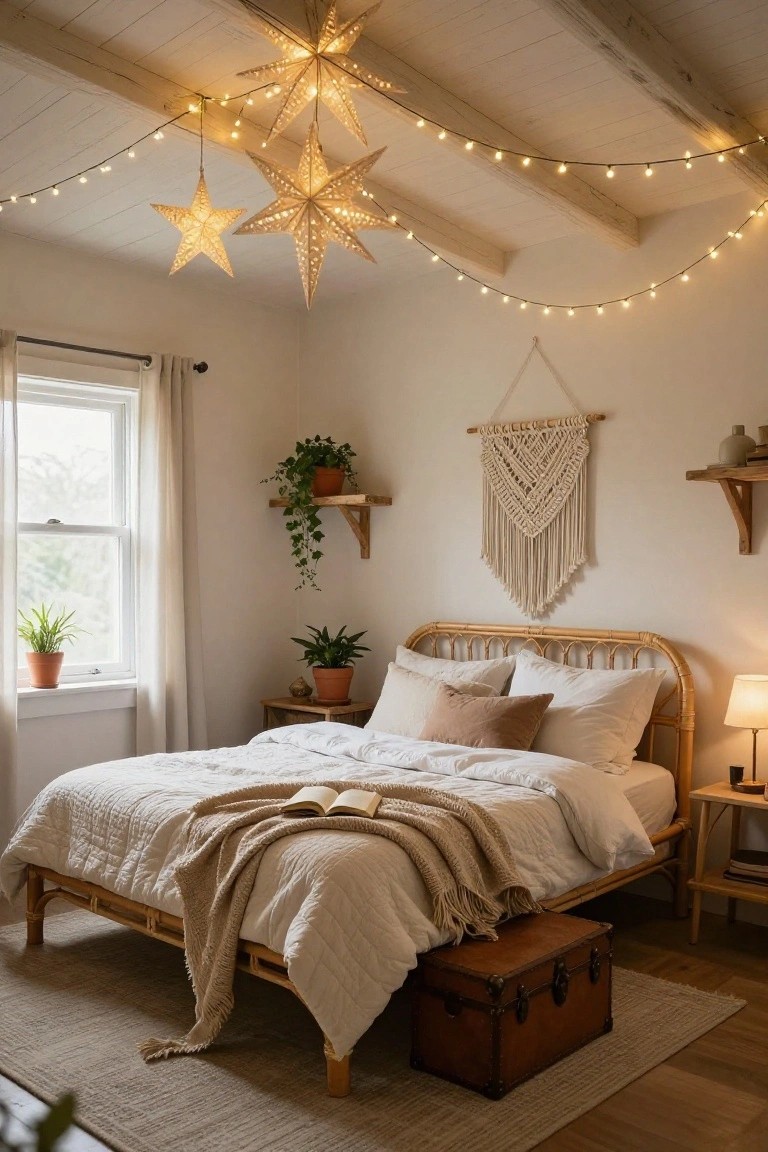 Cozy bedroom interior with rattan bed frame, white quilted bedding, potted plants, macrame wall hanging, wooden shelves, and multiple large white paper star lanterns with string lights hanging from the exposed wooden ceiling beams.