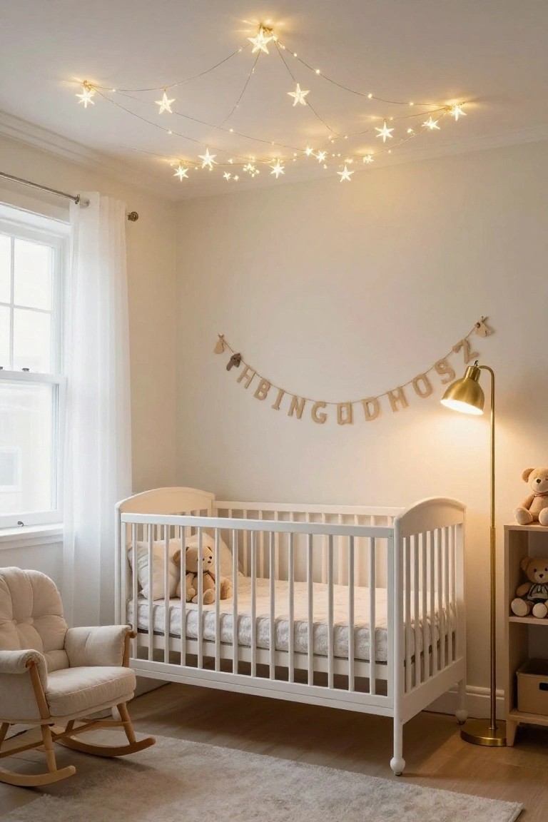 Nursery room with white crib containing a teddy bear and blanket, beige rocking chair, bookshelf holding stuffed animals, gold floor lamp, wooden banner garland on wall, and star-shaped string lights hanging from the ceiling.
