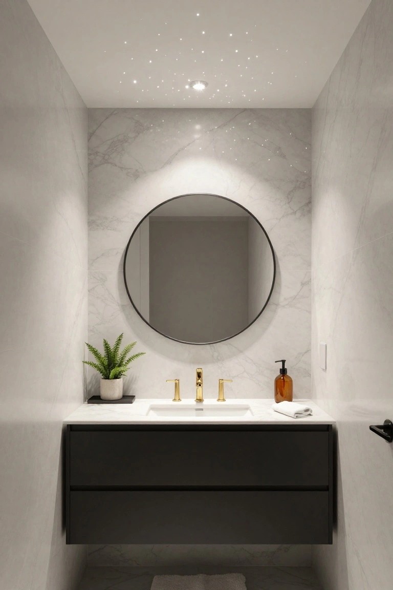 Modern bathroom with white marble walls and floor, black floating vanity, gold faucet and handles, large round black-framed mirror, potted green plant, amber soap dispenser, white towel, and ceiling dotted with small sparkling star lights.