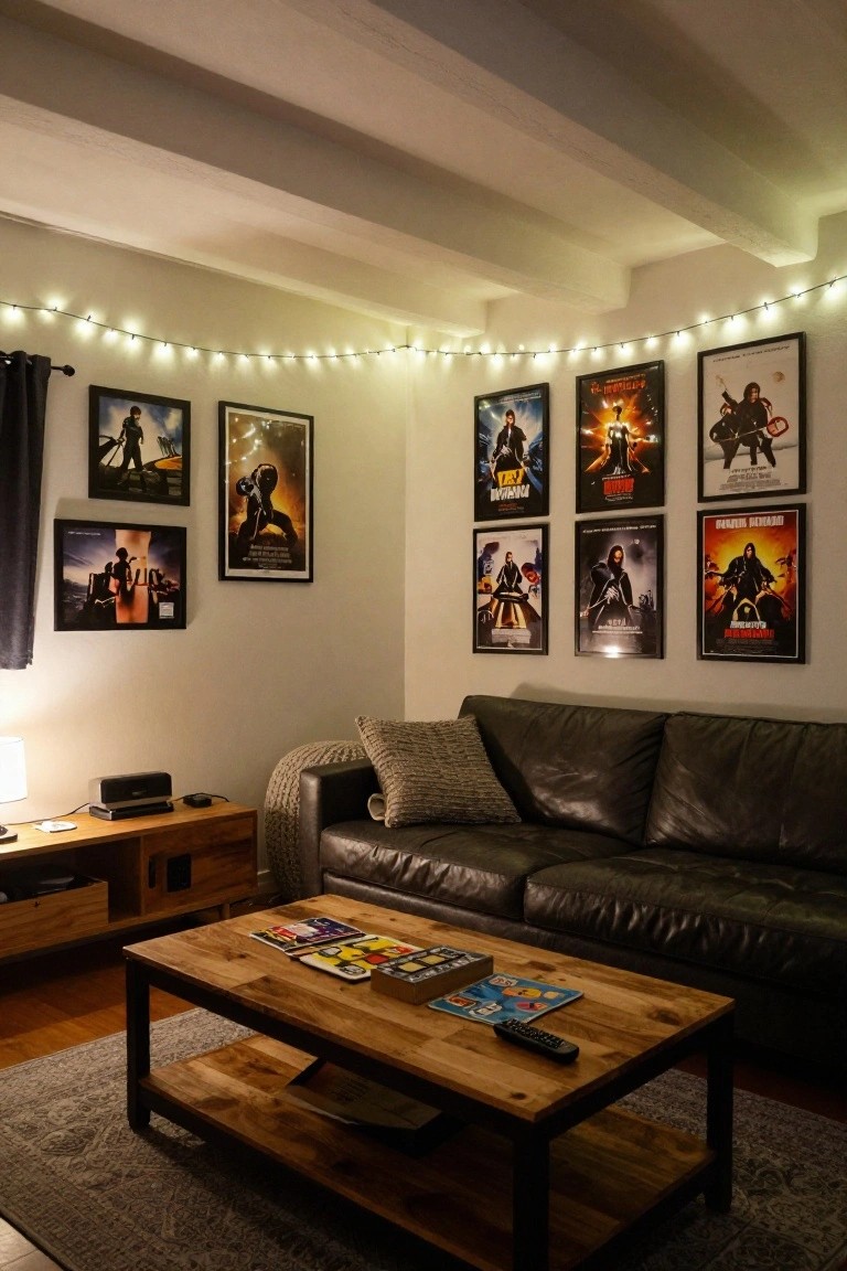 Living room featuring a green leather sofa, wooden coffee table with books and remote, entertainment stand, and assorted movie posters on white walls, with white string lights draped along wooden ceiling beams and around the upper walls.