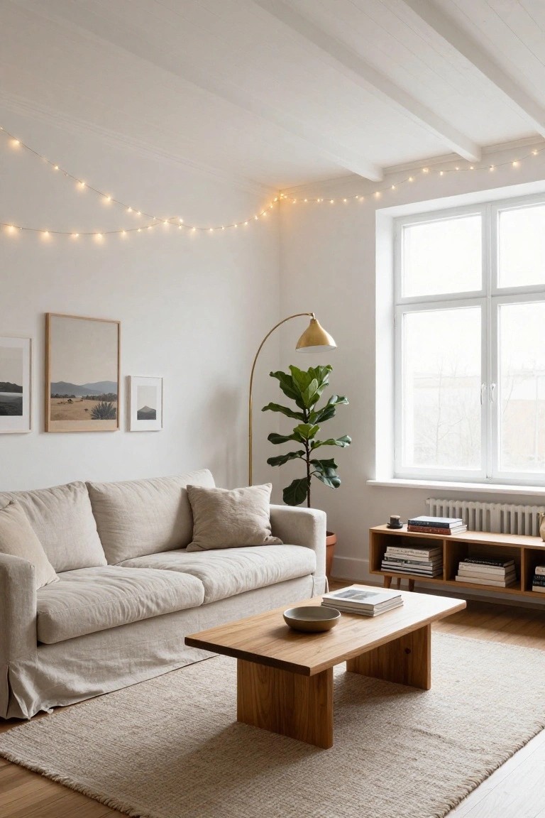 A minimalist living room featuring a beige linen sofa, wooden coffee table with a bowl, potted fiddle leaf fig plant, bookshelves, framed art, arc lamp, and string lights draped along white ceiling beams and walls next to large windows.