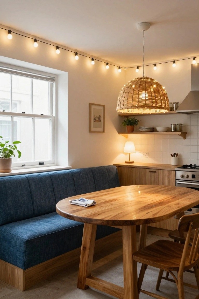 Cozy kitchen dining nook with blue fabric booth seating, round wooden table, perimeter string lights along ceiling edges, woven pendant lamp, potted plants, open shelves, and white cabinets.