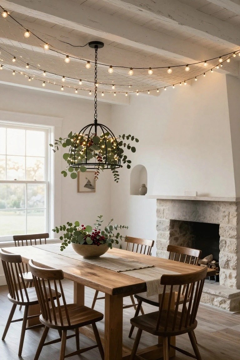 Dining room featuring a wooden table with runner and bowl of eucalyptus and berries, wooden chairs, stone fireplace, window, and ceiling with white string lights draped across beams plus a hanging black metal chandelier filled with lit eucalyptus branches.