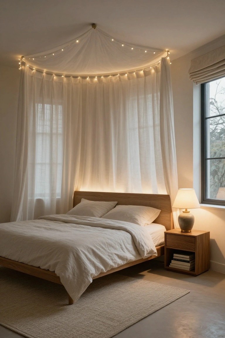 Bedroom with wooden platform bed and white linens under a curved sheer canopy strung with small white lights from the ceiling, beside a nightstand with lamp and books near large windows.