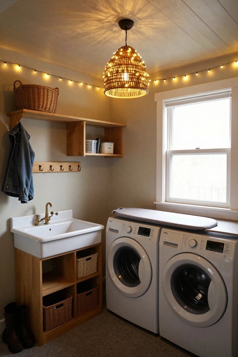 Laundry room with white washer and dryer set, wooden sink cabinet with baskets, floating wood shelves, hanging denim jacket, rubber boots on floor, and warm string lights along ceiling edges under rattan pendant fixture.