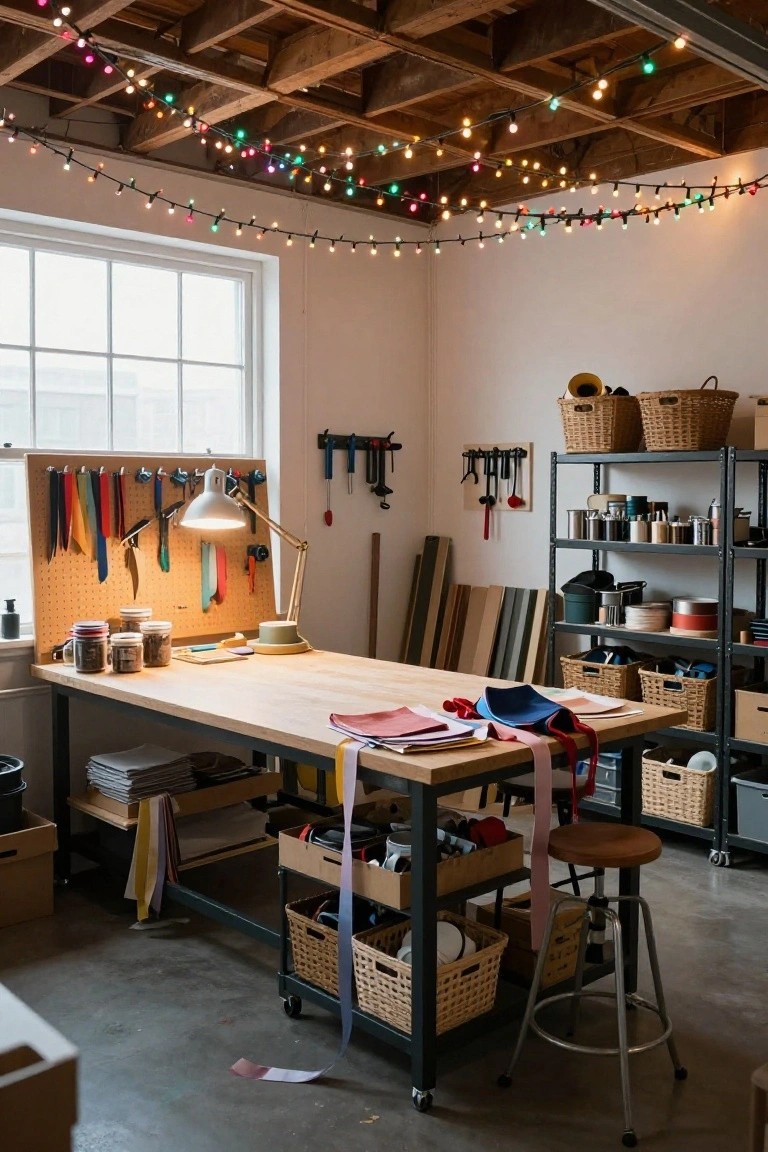 Craft workshop interior with exposed wooden beam ceiling strung with multicolored Christmas lights, large wooden workbench cluttered with fabric and tools, metal shelves with supplies, and a window on white wall.
