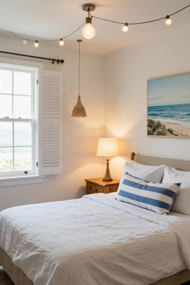 A white-walled bedroom with a white bed dressed in white linens and a blue-striped pillow, wooden nightstand with lamp, rattan pendant light, string lights draped across the ceiling, and a beach painting on the wall.