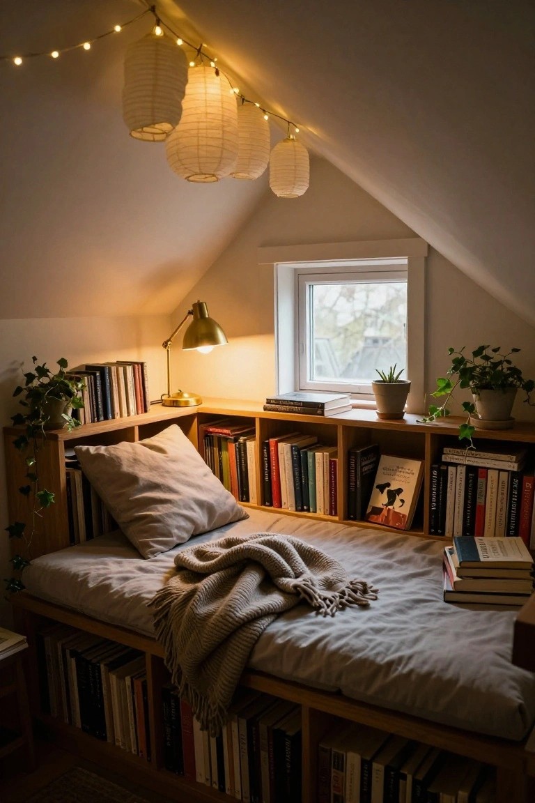 Attic bedroom with built-in wooden bookshelves forming a daybed base, beige bedding and throw blanket, potted plants, desk lamp, small window, and string lights with white paper lanterns hanging from the sloped ceiling.