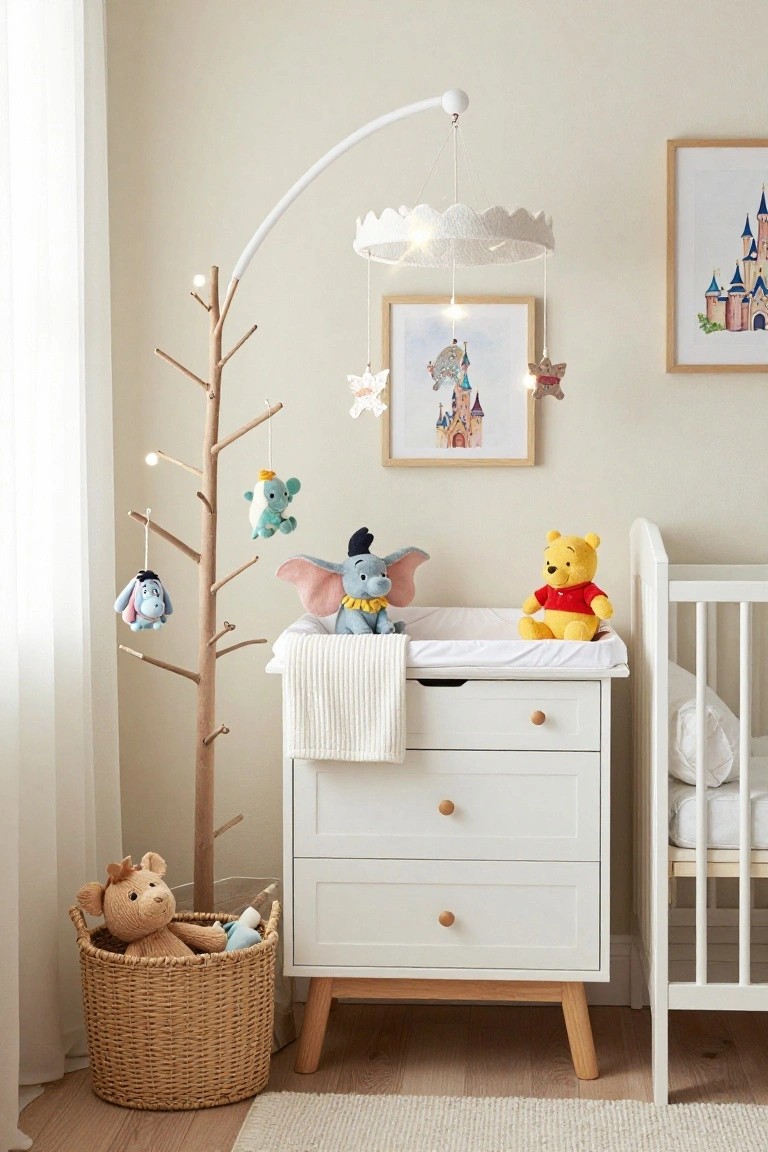 Nursery corner with a tall wooden branch tree stand holding hanging plush Disney toys including Dumbo, Eeyore, and a small dragon, beside a white crib, changing table, basket of teddy bears, and Disney artwork on beige walls.