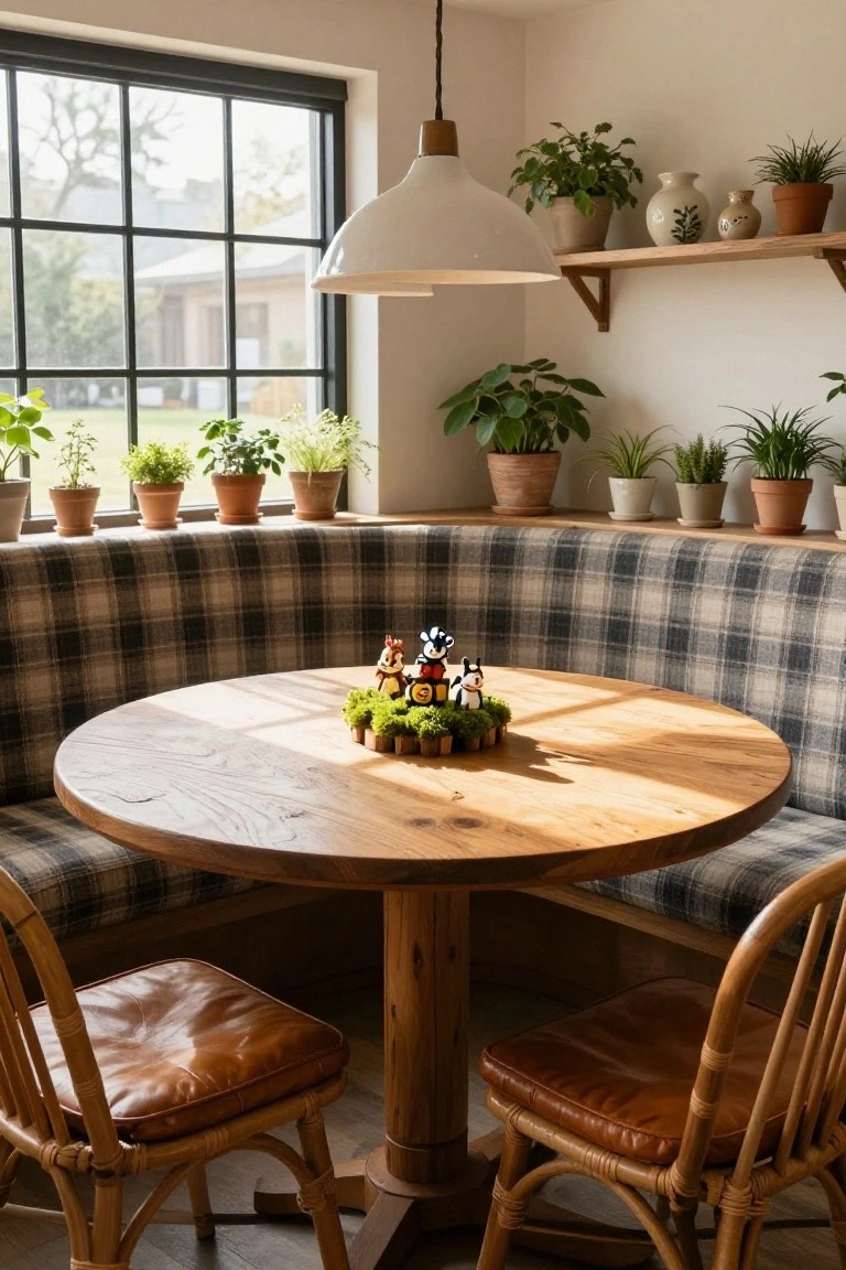 Cozy kitchen breakfast nook with plaid upholstered booth seating around a round wooden table centered by Disney character Christmas ornaments in a moss wreath, potted plants on shelves and windowsill, and a large window with natural light.